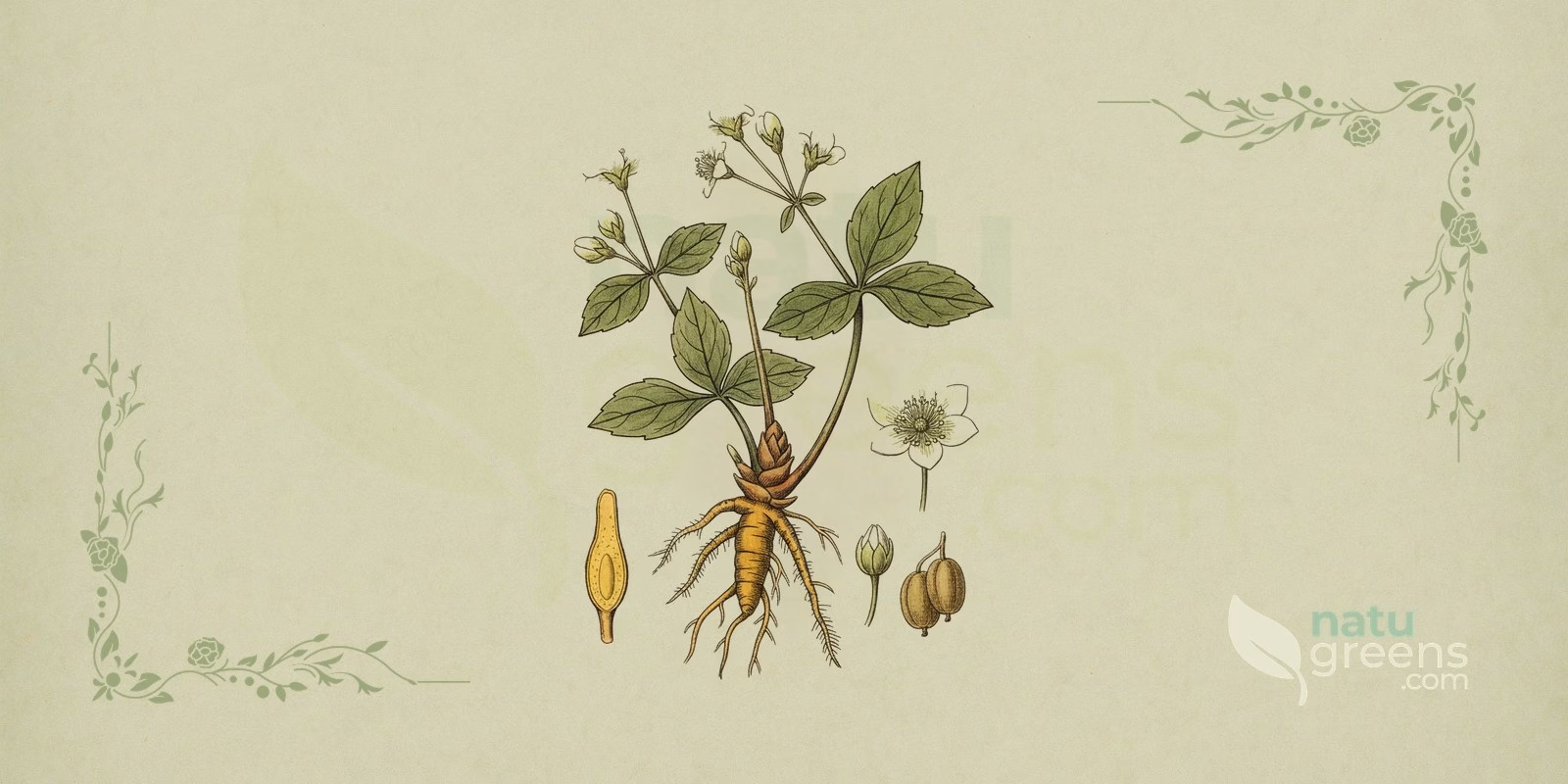 Coptis chinensis in a botanical illustration in the style of 19th-century encyclopedias, showing the whole plant, yellow branching rhizomes, deeply cut basal leaves and small flowers on a sage-green background.