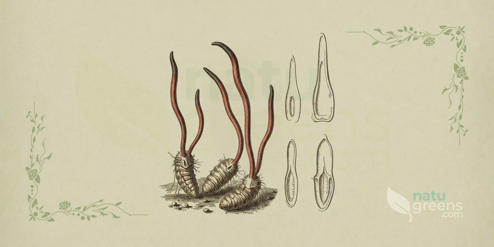 Cordyceps (Cordyceps sinensis): botanical illustration of the caterpillar fungus with a thread-like fruiting body emerging from the larva, a plant used as cordyceps in herbal medicine
