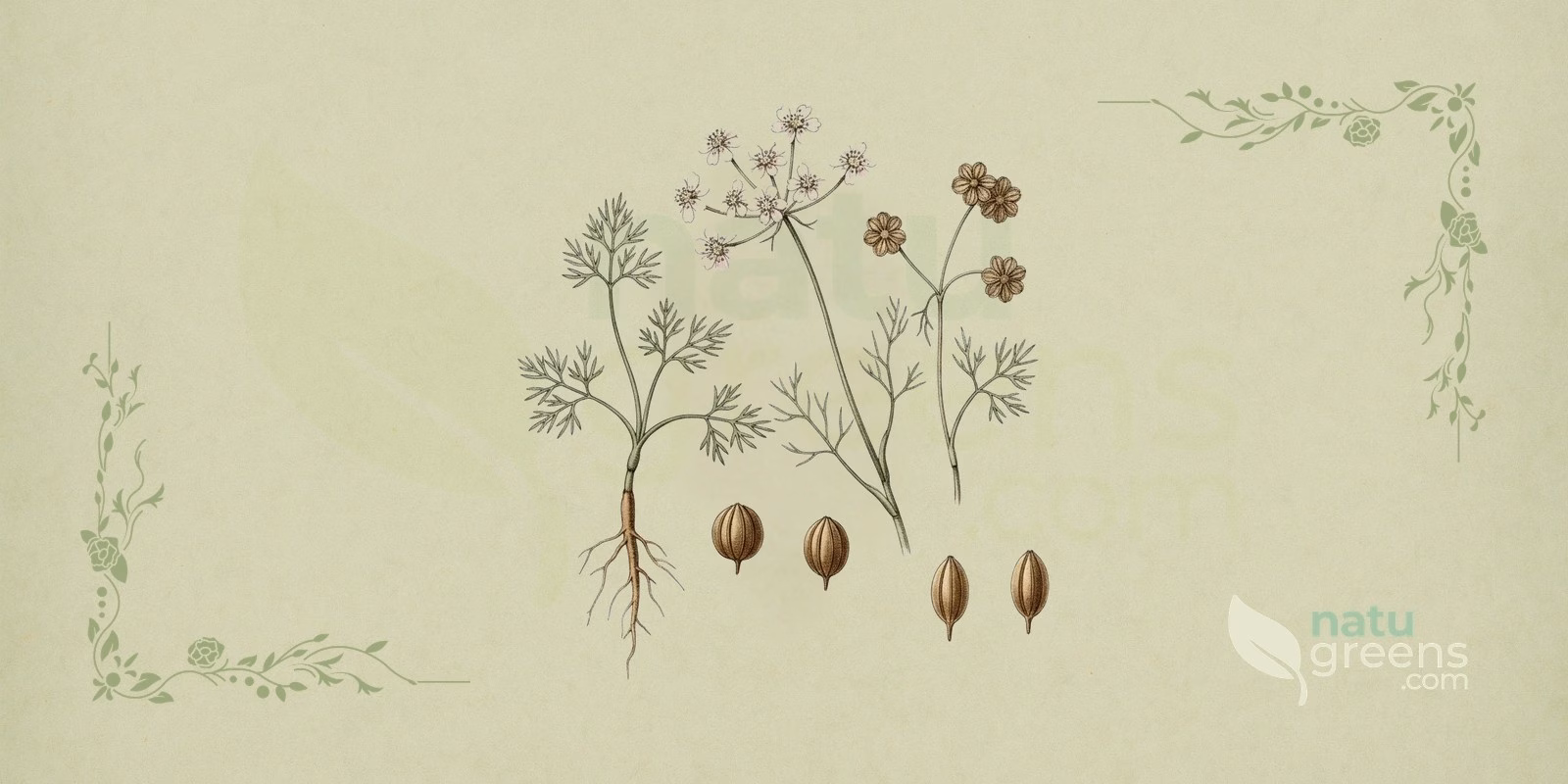 Coriandrum sativum (koriander): botanisk illustration af planten, der viser delte blade, hvide blomster samlet i skærme og små kugleformede frugter, karakteristiske for koriander.
