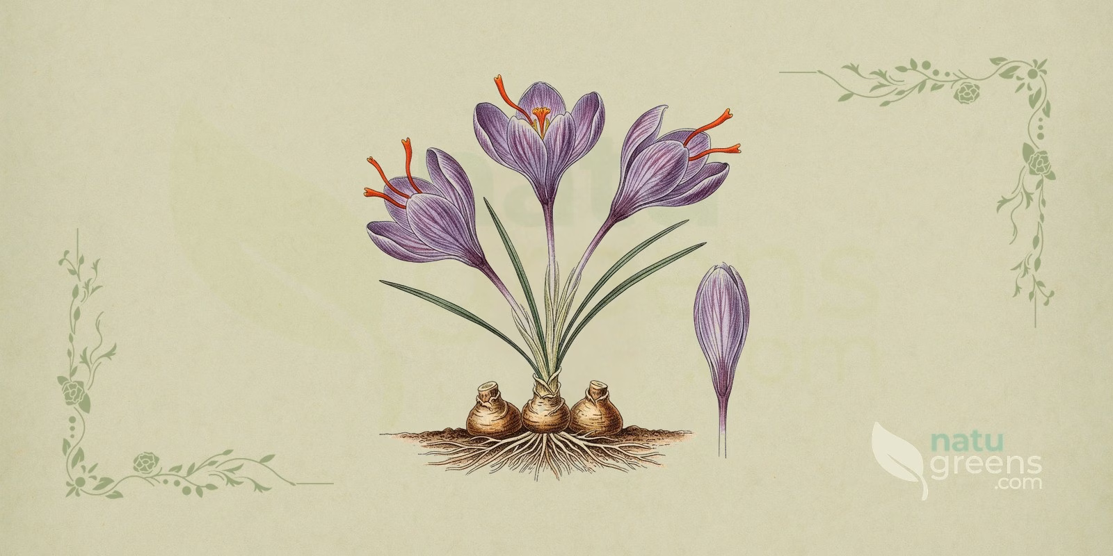 Saffron (Crocus sativus) in a botanical illustration in the style of 19th-century encyclopedias, with purple flowers, three red stigmas, thin leaves and an underground corm on a sage-green background.