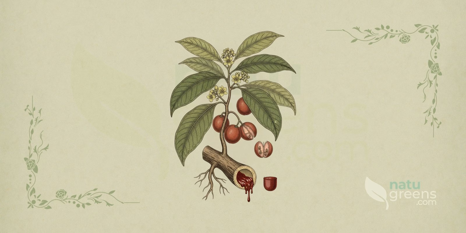 Dragon's Blood (Croton lechleri) in a botanical illustration, showing a branch with the broad heart-shaped leaves of this Amazonian tree of the genus croton, known for its dark red sap.