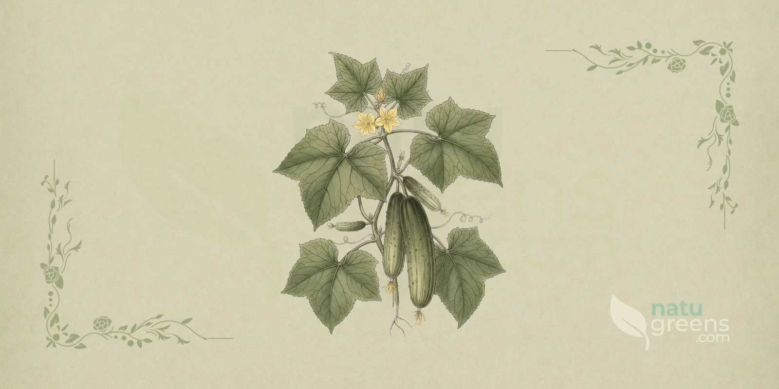 Agurk (Cucumis sativus): botanisk illustration af den cylindriske, mørkegrønne frugt, det fligede blad og den karakteristiske gule blomst på den klatrende plante, med close up-detaljer af agurken.