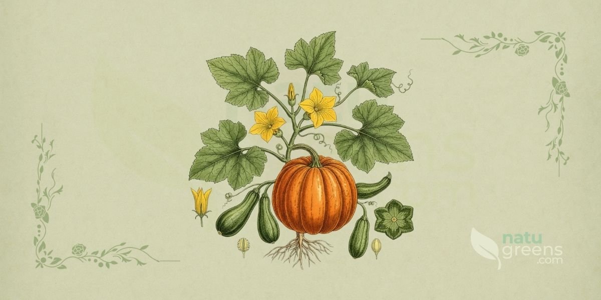 Ilustração botânica detalhada de Cucurbita pepo L., A abóbora, uma planta anual da família Cucurbitaceae, originária das Américas e amplamente cultivada globalmente. A imagem apresenta a planta completa com folhas lobadas verde-escuras, flores amarelas vibrantes, e diversos frutos em diferentes estágios de maturação, variando em forma e cor, como abóboras redondas, abobrinhas alongadas e patissons. O estilo é de enciclopédia botânica do século XIX, com foco na precisão científica e detalhes artísticos, sobre um fundo neutro que realça as características morfológicas da espécie. A composição destaca a diversidade morfológica da espécie, incluindo a polpa, sementes e casca, que são ricas em nutrientes e compostos bioativos. A ilustração enfatiza a importância da planta tanto na alimentação quanto na medicina tradicional, com um toque de elegância clássica.