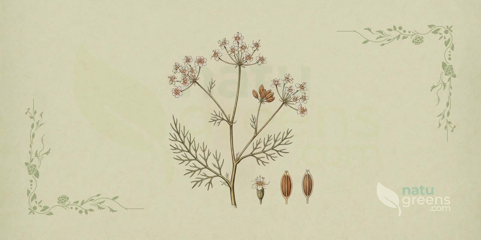 Kmin rzymski (Cuminum cyminum): ilustracja botaniczna suchych, podłużnych i prążkowanych nasion typowych dla kminu rzymskiego, owocu rośliny z rodziny selerowatych.