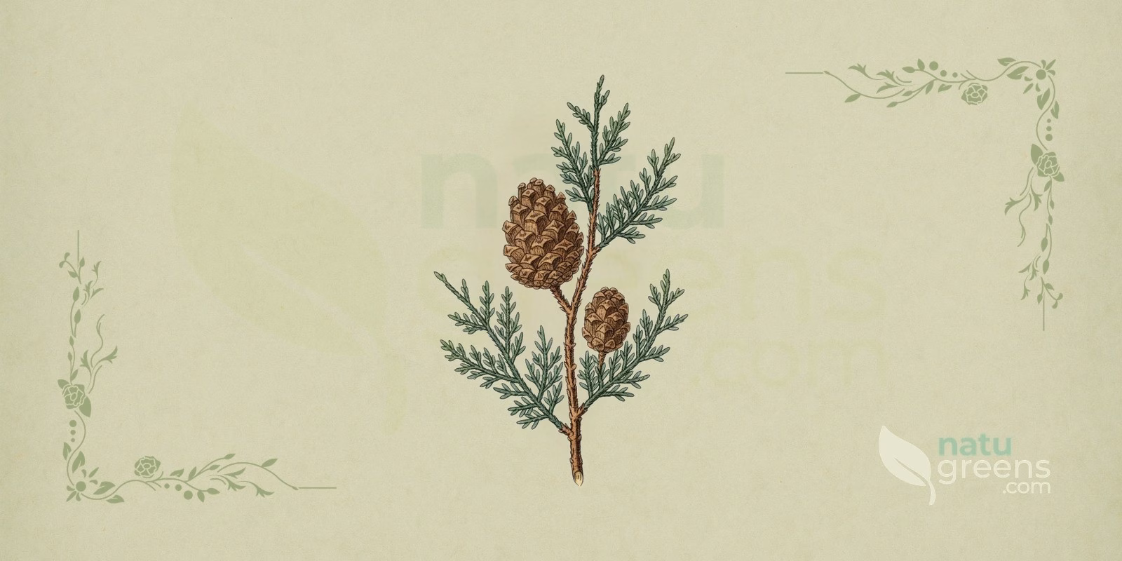 Cypress (Cupressus sempervirens) in a botanical illustration, showing branches of green scale-like leaves and rounded cones of woody scales, typical of the common cypress.