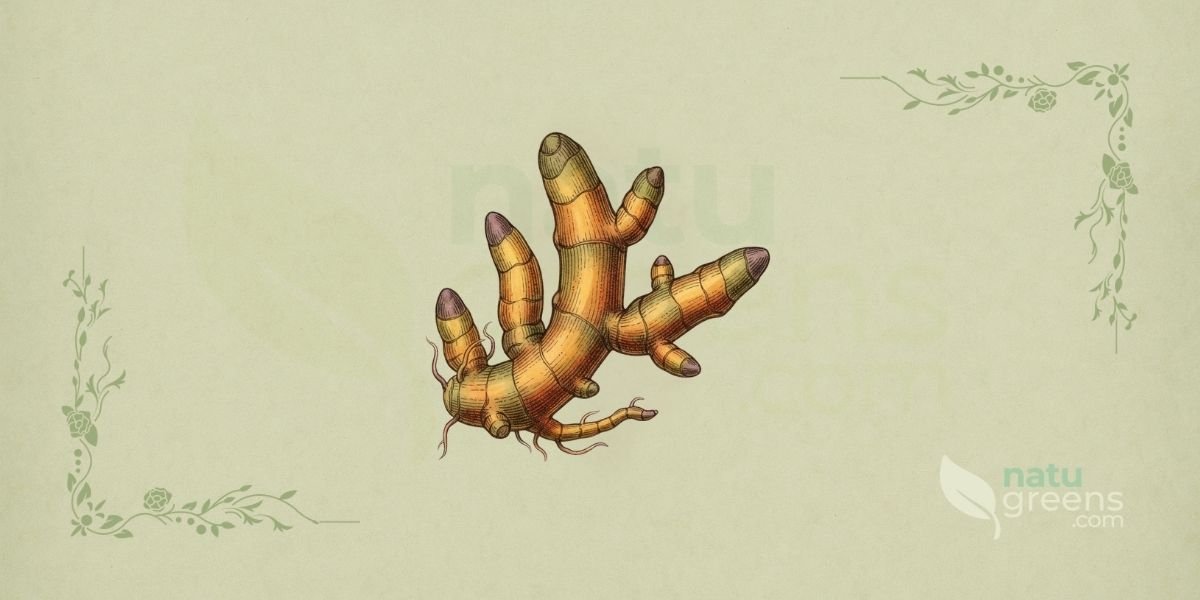 Ilustração botânica de Curcuma longa L. (cúrcuma, açafrão-da-terra, turmeric), planta herbácea perene da família Zingiberaceae descrita por Carl Linnaeus em 1753, nativa do sul da Ásia (Índia, Indonésia), mostrando planta completa com folhas grandes oblongo-lanceoladas verdes com nervura central proeminente dispostas em roseta, sistema radicular rizomatoso espesso com interior característico alaranjado-amarelado visível em corte transversal, e espiga de flores tubulares amarelo-pálidas emergindo do rizoma, em estilo de enciclopédia botânica do século XIX.