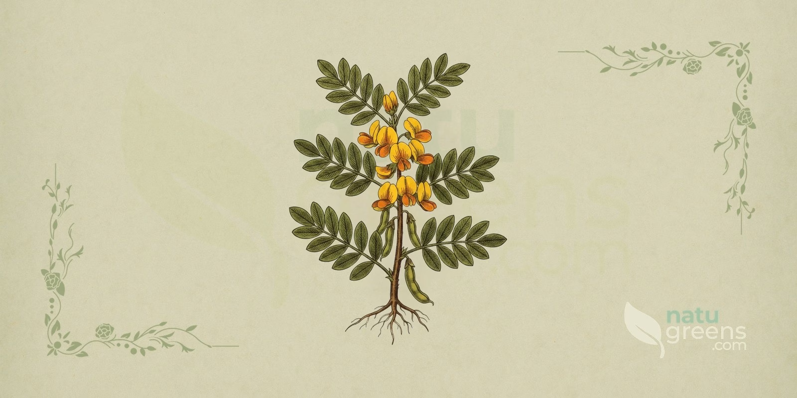 Honeybush (Cyclopia intermedia) em ilustração botânica: ramos lenhosos com folhas estreitas e flores amarelas papilionáceas; o honeybush é um arbusto endêmico das montanhas do Cabo, na África do Sul.