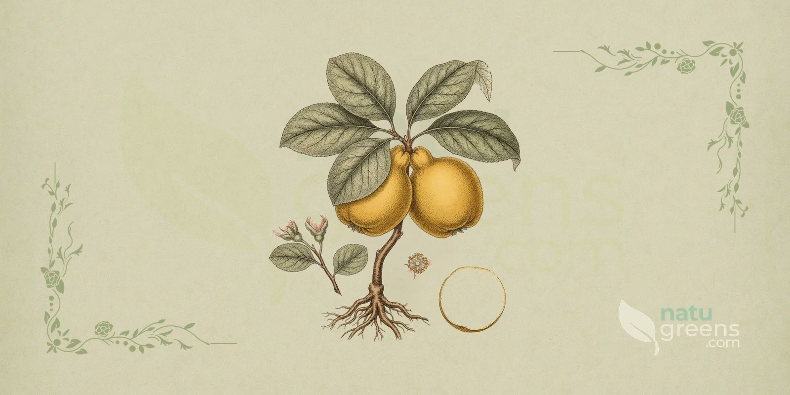 Quince (Cydonia oblonga) in a botanical illustration in the style of 19th-century encyclopedias, with ripe golden-yellow fruits, oval leaves and pink flowers on a sage-green herbarium paper background.