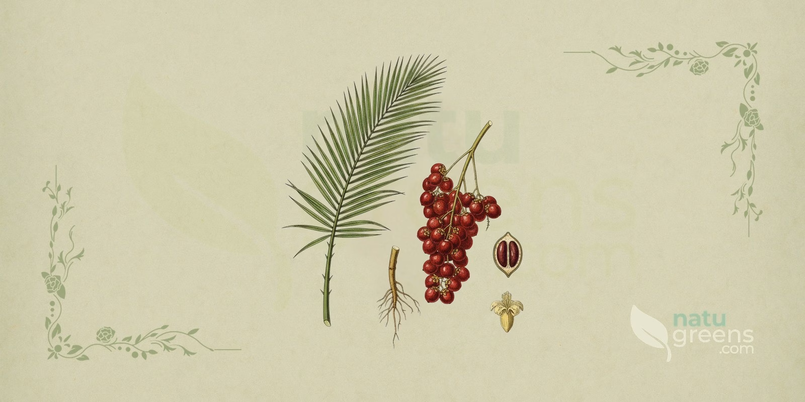 Dragon's Blood (Daemonorops draco): botanical illustration of the climbing palm with scaly fruits and the characteristic red resin of this Arecaceae species.