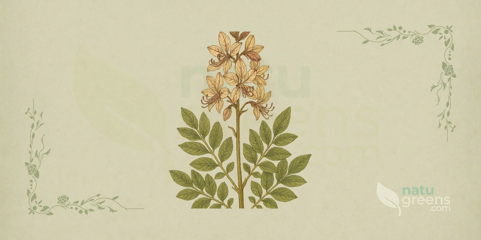 Gas Plant (Dictamnus albus): botanical illustration of the gas plant showing an upright stem, pinnately compound leaves and a terminal raceme of showy flowers with long, curved stamens.