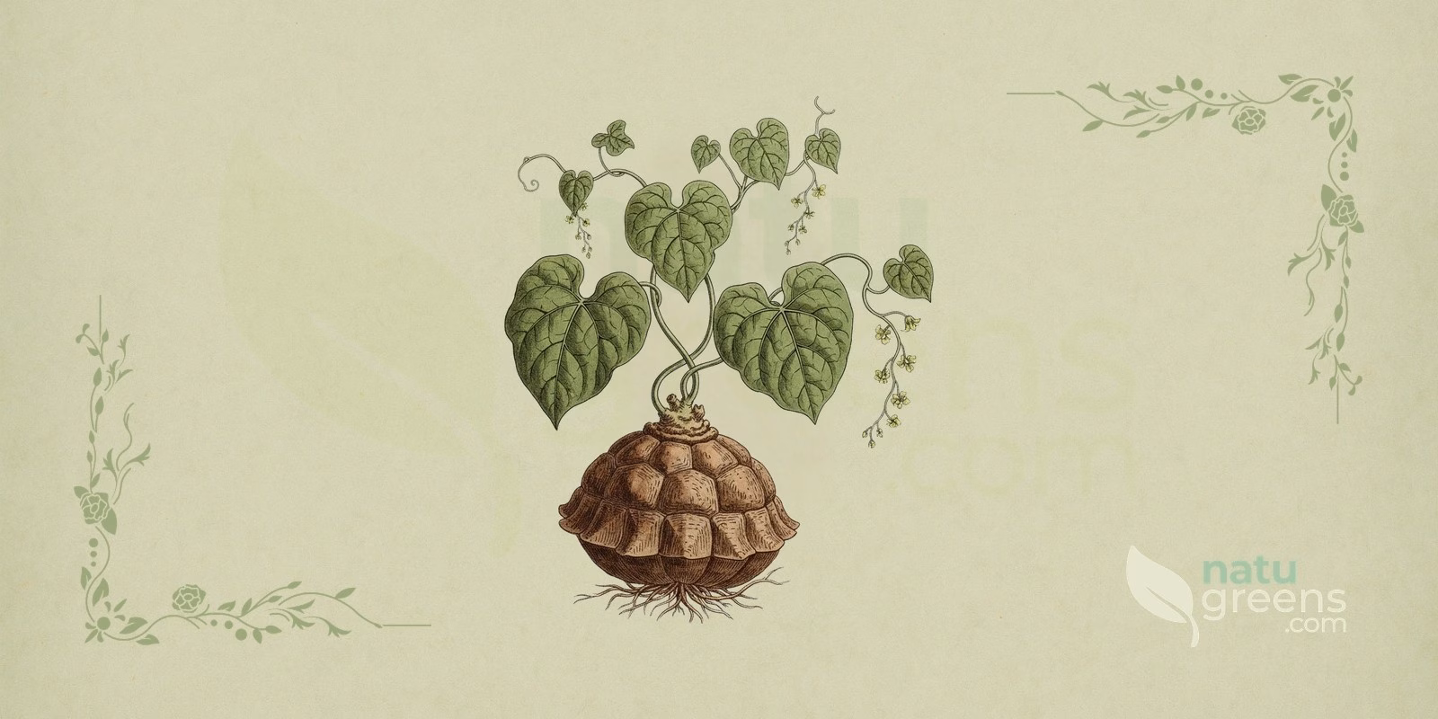 Igname Messicano (Dioscorea mexicana) in un'illustrazione botanica: l'igname messicano compare con il caudice legnoso segmentato in placche, simile al carapace di una tartaruga, e con rami rampicanti ricchi di foglie.