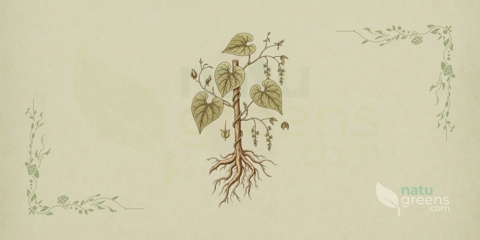 Dioscorea villosa(ワイルドヤム):心形の葉、目立たない花、塊状の根茎を持つつる性植物の植物学的イラスト。