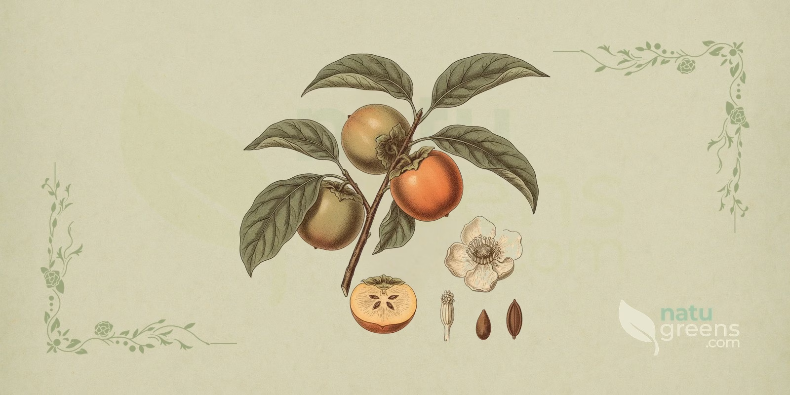 Persimmon (Diospyros kaki) in a botanical illustration in the style of 19th-century encyclopedias, showing a ripe orange fruit, persistent green sepals and a cross-section that reveals the persimmon's flesh and seeds.