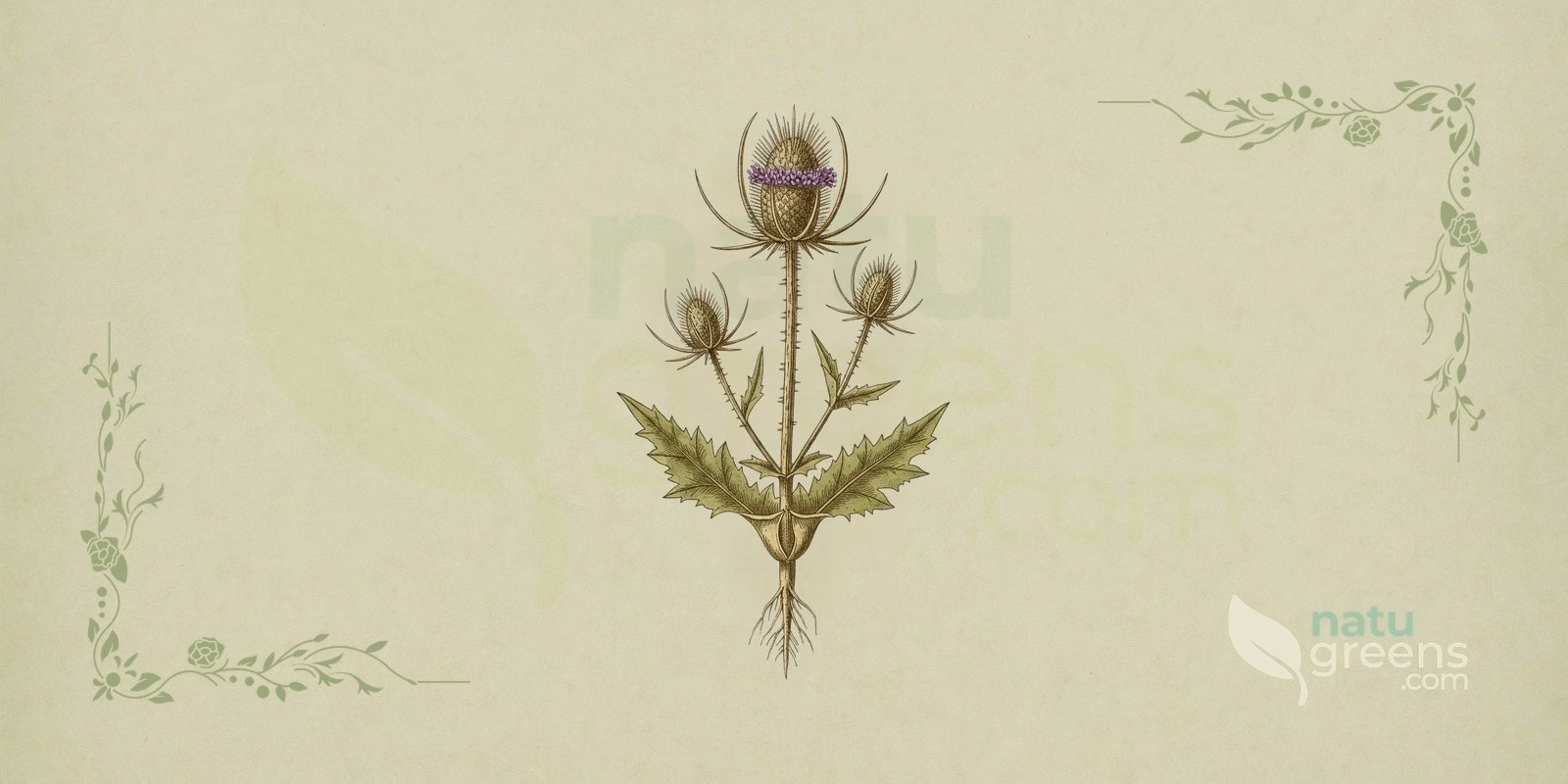 Gærde-kartebolle (Dipsacus fullonum) i botanisk illustration med en ægformet, tornet blomsterstand af små lilla blomster, aflange dækblade, der krummer opad, og modsatte, lancetformede blade.