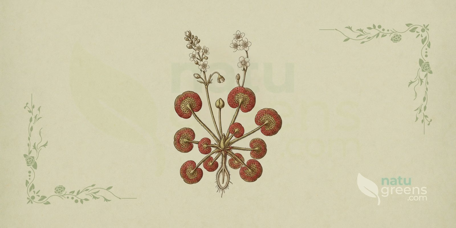Sundew (Drosera rotundifolia) in a botanical illustration: rosette of rounded leaves with red glandular tentacles and droplets of mucilage, and slender stalks bearing the white flowers of the sundew.