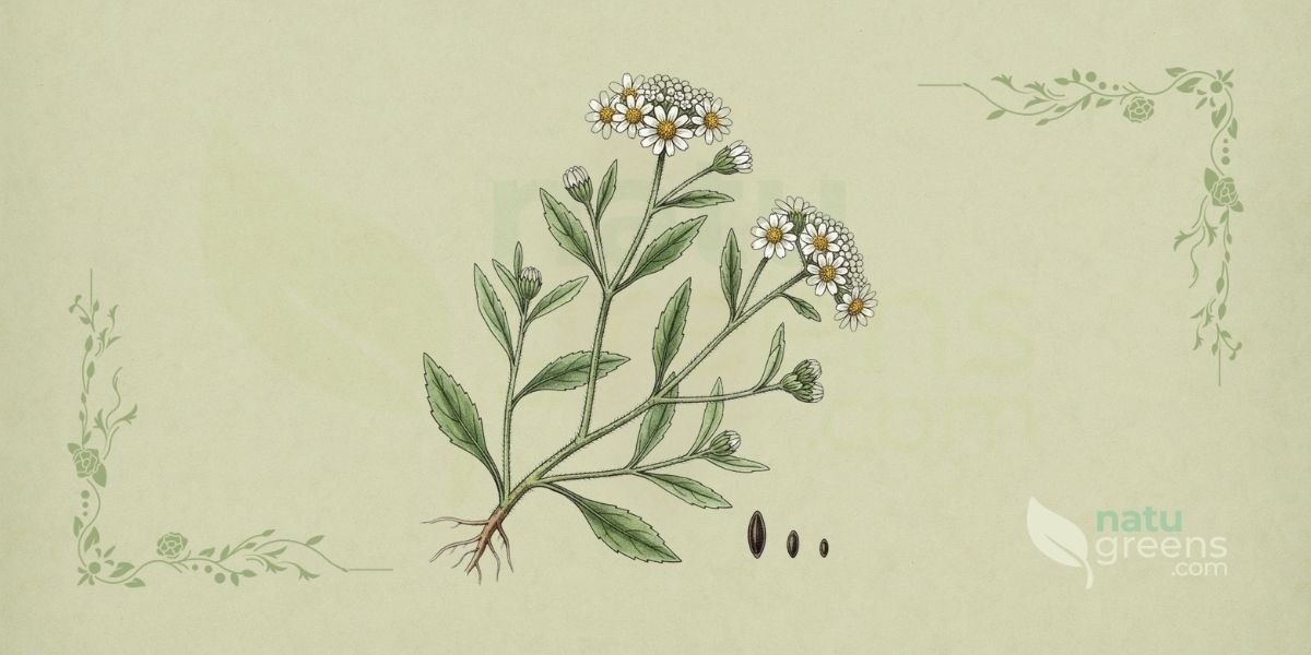 Ilustração botânica de Eclipta prostata (L.) L. (erva-botão, erva-de-tajo, falsa-margarida, bhringaraj), erva anual da família Asteraceae, nativa das regiões tropicais e subtropicais, mostrando a planta completa com folhas verdes lanceoladas, caules ramificados e pequenas flores brancas tipo margarida, com centro amarelo, em estilo de enciclopédia botânica do século XIX sobre fundo de papel de herbário envelhecido com tonalidade verde-sálvia, destacando as características morfológicas distintivas da espécie.