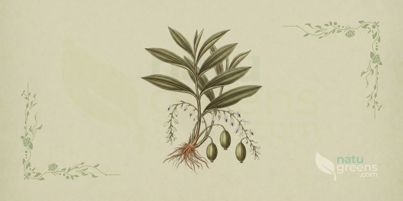 Cardamom (Elettaria cardamomum): botanical illustration showing the plant's long leaves, stems, and green pods that contain the seeds used as the spice known as cardamom.