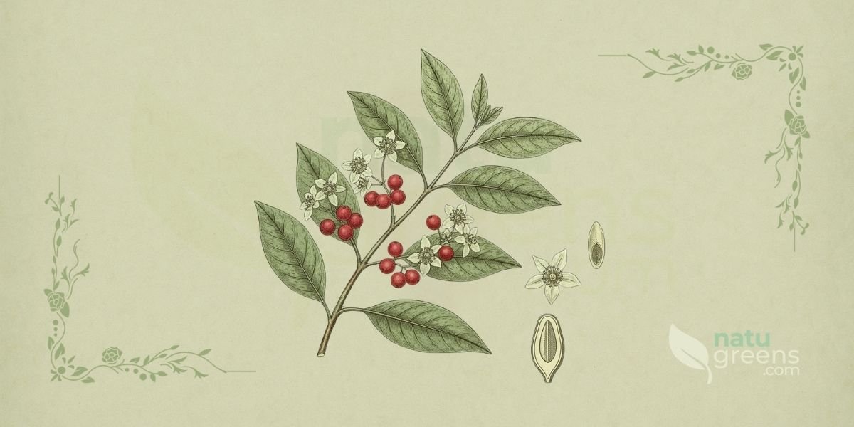 Ilustração botânica da Embelia ribes (Vidanga), uma planta medicinal da família Primulaceae, mostrando as bagas enrugadas e escuras, ricas em embelina, utilizadas na medicina ayurvédica pelas suas propriedades anti-helmínticas e antioxidantes.