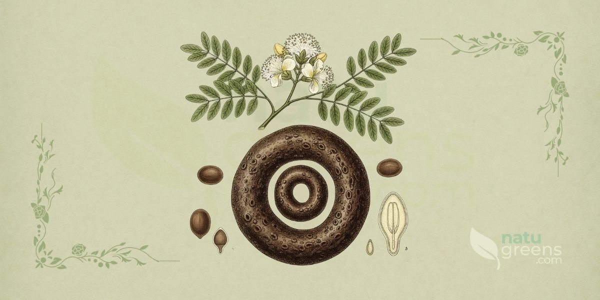 Ilustração botânica de Enterolobium contortisiliquum (Vell.) Morong (tamboril, orelha-de-negro, timbaúva), árvore nativa da flora brasileira da família Fabaceae, descrita por Vellozo e reclassificada por Morong, mostrando a planta completa com folhas bipinadas, flores em capítulo globoso e frutos em vagem recurvada que lembram uma orelha, em estilo de enciclopédia botânica do século XIX sobre fundo de papel de herbário.