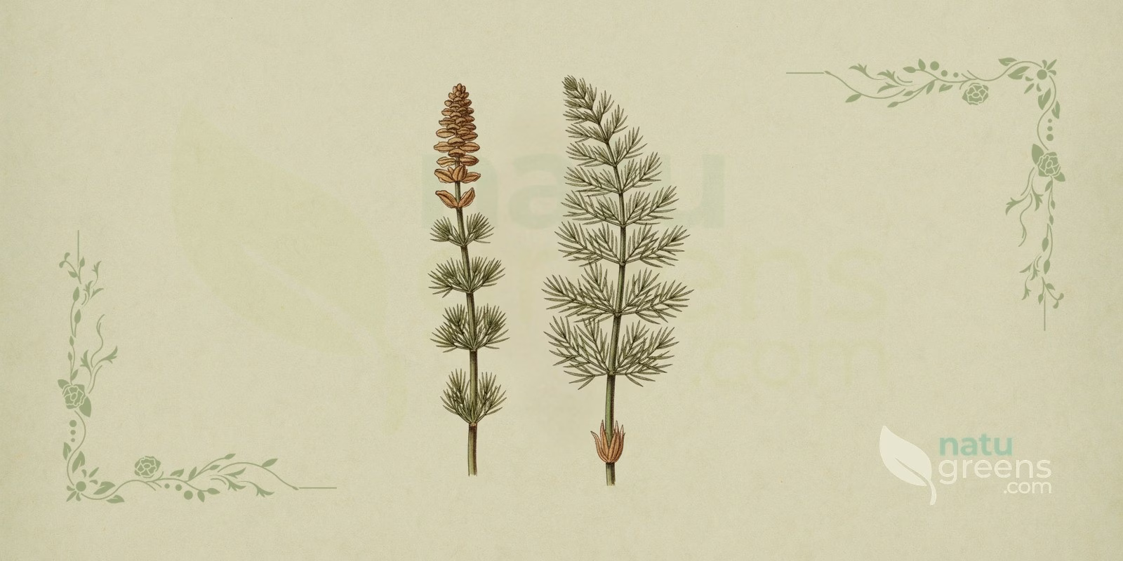 Horsetail (Equisetum arvense), plant with green, segmented, and branched stems, botanical illustration highlighting horsetail's characteristic structure.