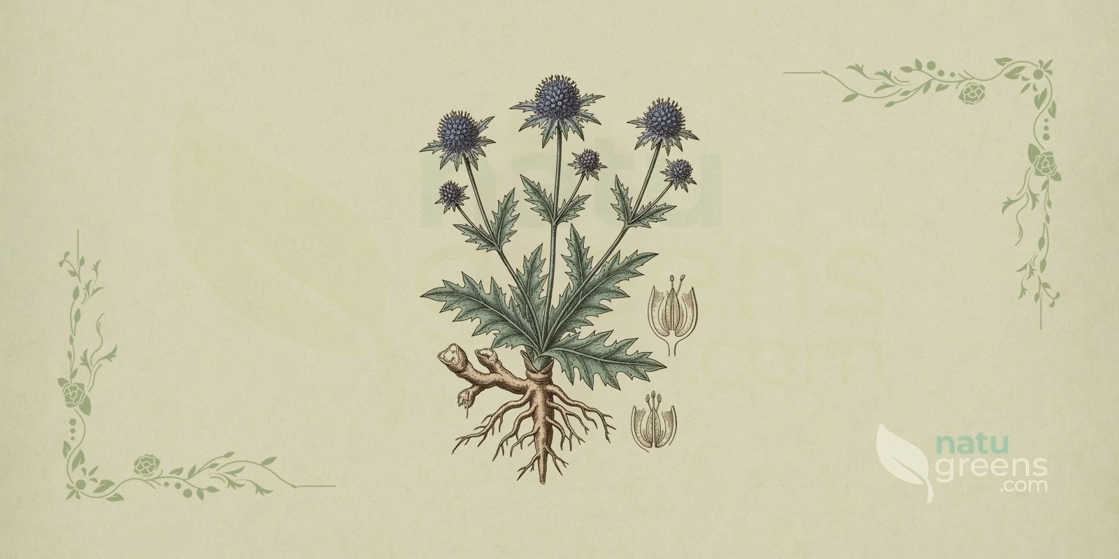Strandmandstro (Eryngium maritimum) i en botanisk illustration med blågrå blade med tornede kanter og blålige blomsterhoveder omgivet af spidse støtteblade, det typiske udseende hos strandmandstro i klitterne.