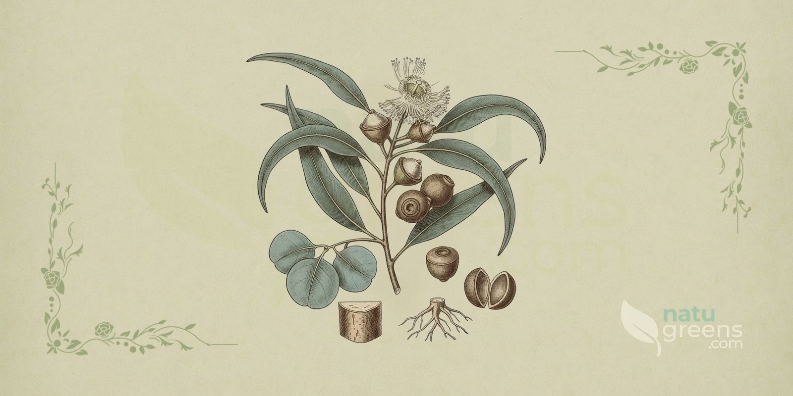Eucalyptus (Eucalyptus globulus), a tall tree with elongated, sickle-shaped bluish-green leaves, botanical illustration highlighting eucalyptus and its characteristic bark.