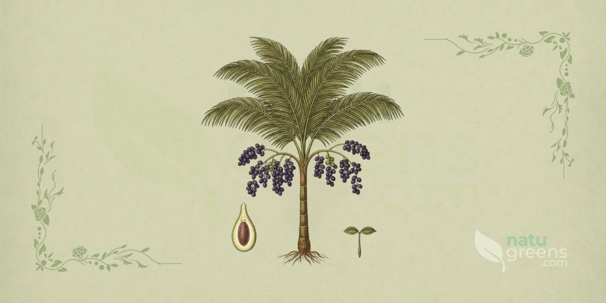 Ilustração botânica de Euterpe oleracea Mart. (açaí, açaizeiro, juçara), palmeira nativa da Amazônia da família Arecaceae descrita por Carl Friedrich Philipp von Martius, mostrando uma palmeira alta e esguia com cachos de frutos pequenos, redondos e roxo-escuros, folhas pinadas e tronco característico, em estilo de enciclopédia botânica do século XIX sobre fundo de papel de herbário com tonalidade verde-sálvia.