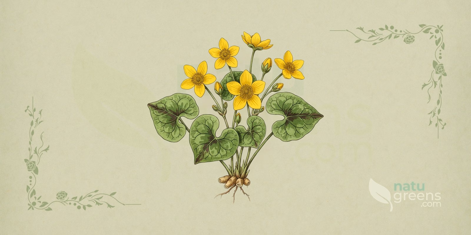 Celidônia Menor (Ficaria verna) em ilustração botânica com flores amarelas brilhantes de muitas pétalas e folhas em forma de coração, traços que ajudam a reconhecer a celidônia menor no campo.