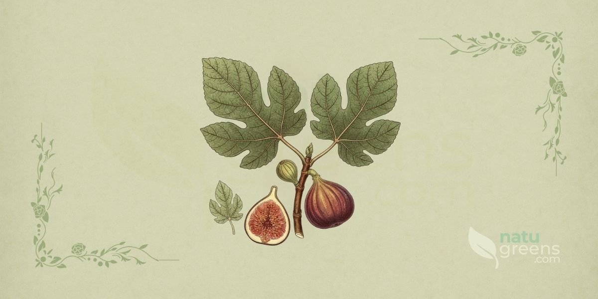 Ilustração botânica de Ficus carica L. (figueira-comum, figueira, figo), árvore caducifólia da família Moraceae, cultivada desde a Idade da Pedra, nativa do Mediterrâneo e Ásia Ocidental, mostrando planta completa com folhas grandes e lobadas, frutos verdes e roxos em diferentes estágios de maturação, e tronco tortuoso, em estilo de enciclopédia botânica do século XIX sobre fundo de papel de herbário.