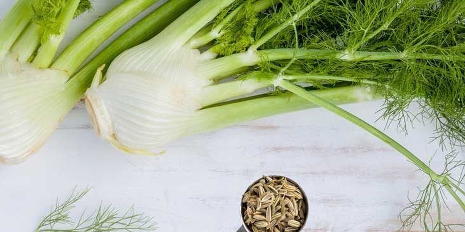 Due falsi bulbi di finocchio di Firenze appena raccolti, accanto a una ciotola di frutti secchi su un piano di legno chiaro.