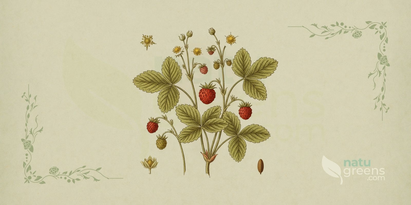 Walderdbeere (Fragaria vesca) in einer botanischen Illustration mit dreizähligen, am Rand gesägten Blättern, weißen Blüten mit fünf Kronblättern und den kleinen roten Früchten der Walderdbeere, auf deren Oberfläche die Nüsschen sitzen.