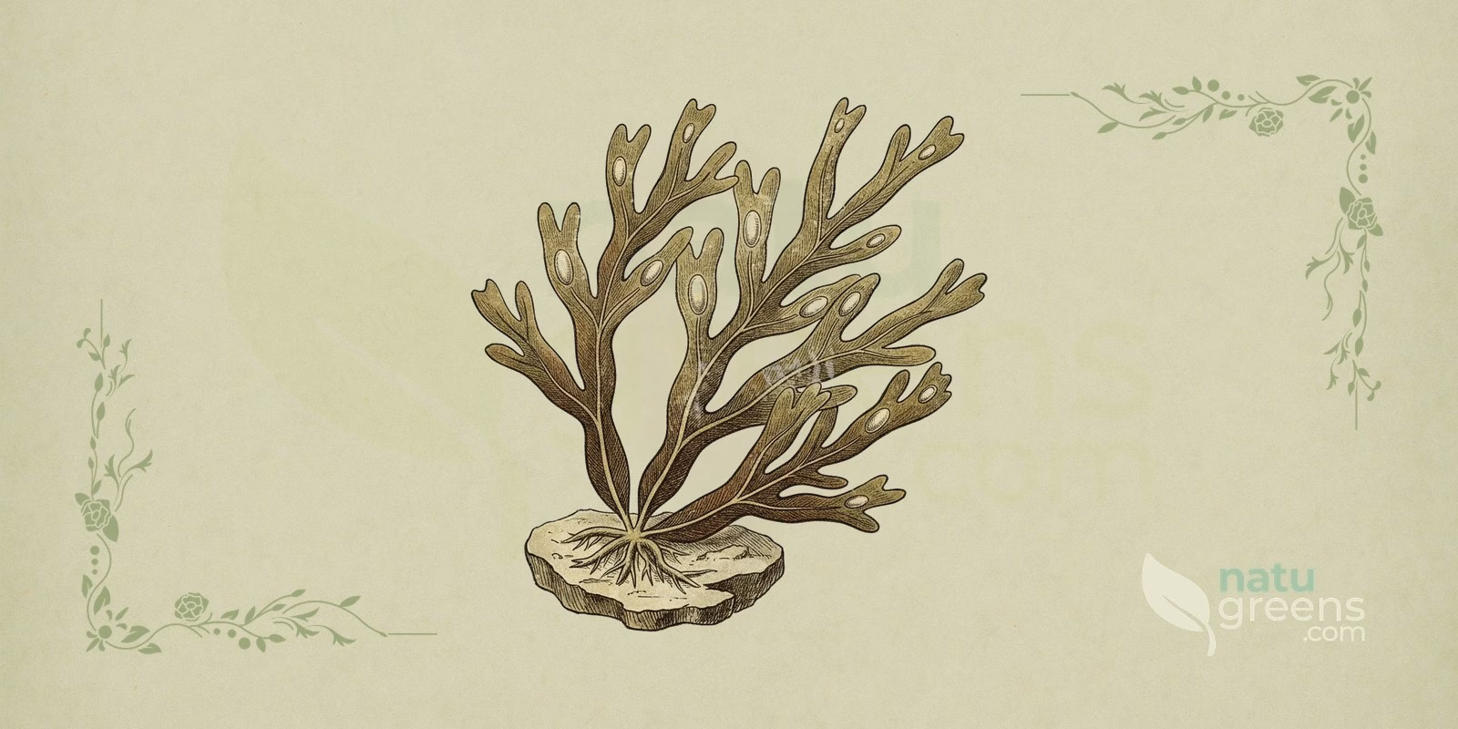 Bladderwrack (Fucus vesiculosus) in a botanical illustration in the style of 19th-century encyclopedias, showing a thallus of branching fronds, a prominent central midrib and the spherical air bladders of bladderwrack on a sage-green background.