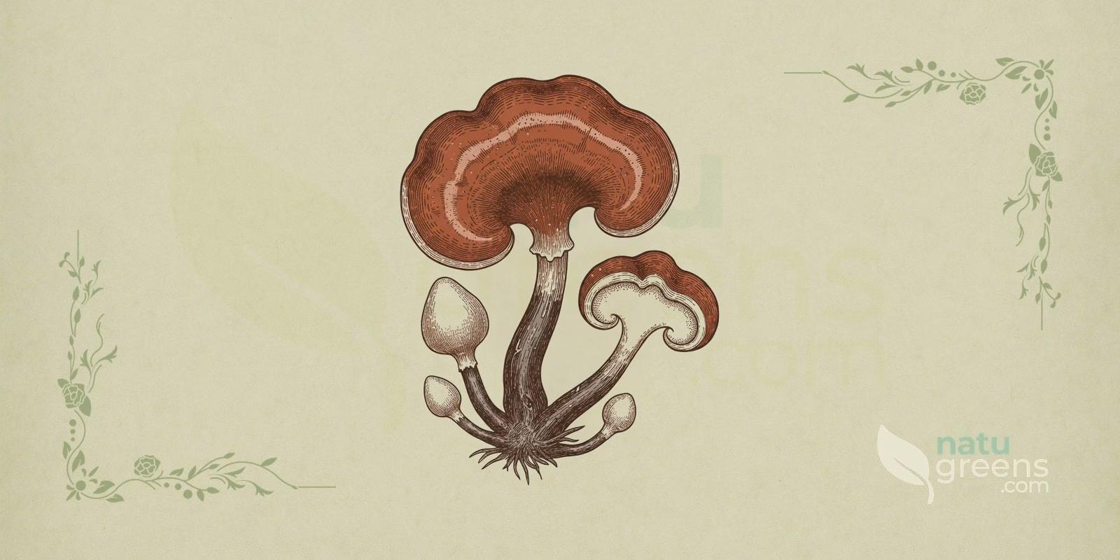 Reishi (Ganoderma lucidum): botanical illustration of the mushroom with a kidney-shaped fruiting body, lacquered surface, and reddish coloration, highlighting the species used as reishi.