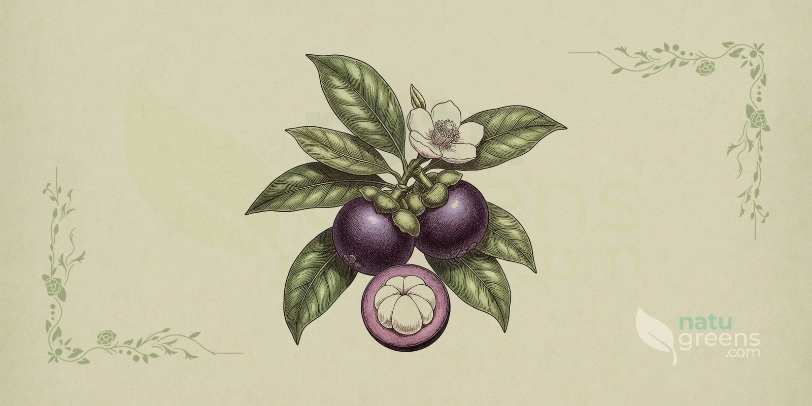 Mangostano (Garcinia mangostana) in illustrazione botanica con un ramo di foglie ovali e frutti dalla buccia viola, interi e tagliati a metà, che mostrano la polpa bianca a spicchi del mangostano.