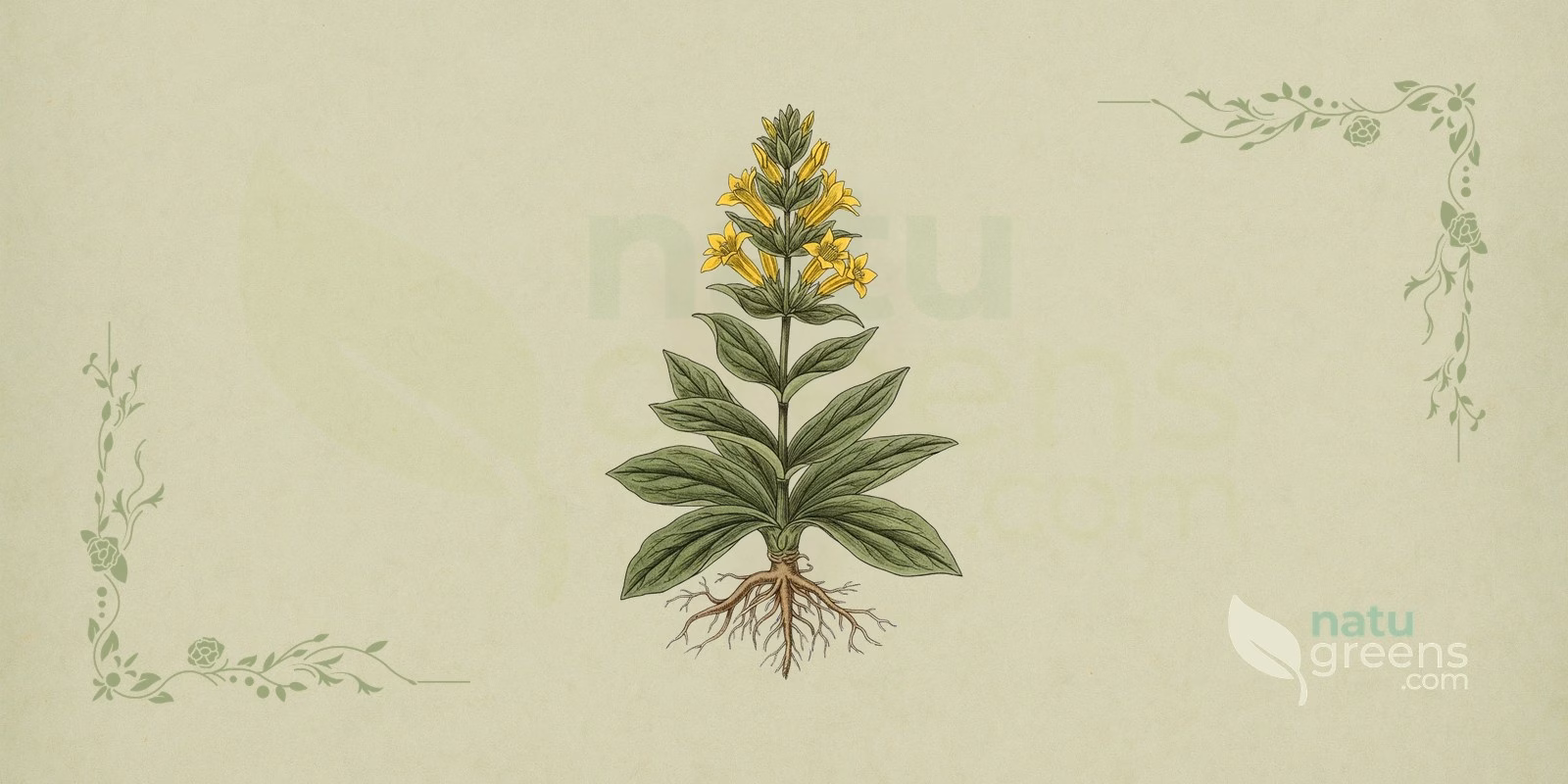 Gulsøte (Gentiana lutea): botanisk illustrasjon som viser den oppreiste stengelen, de brede, motsatte bladene med bueformede nerver og klasene av gule, stjerneformede blomster hos gulsøte.