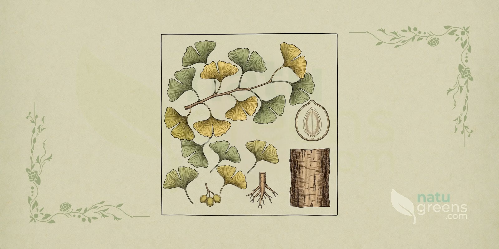 Ginkgo (Ginkgo biloba): botanical illustration of the whole tree, showing the trunk, branches, and the characteristic fan-shaped leaves of ginkgo.