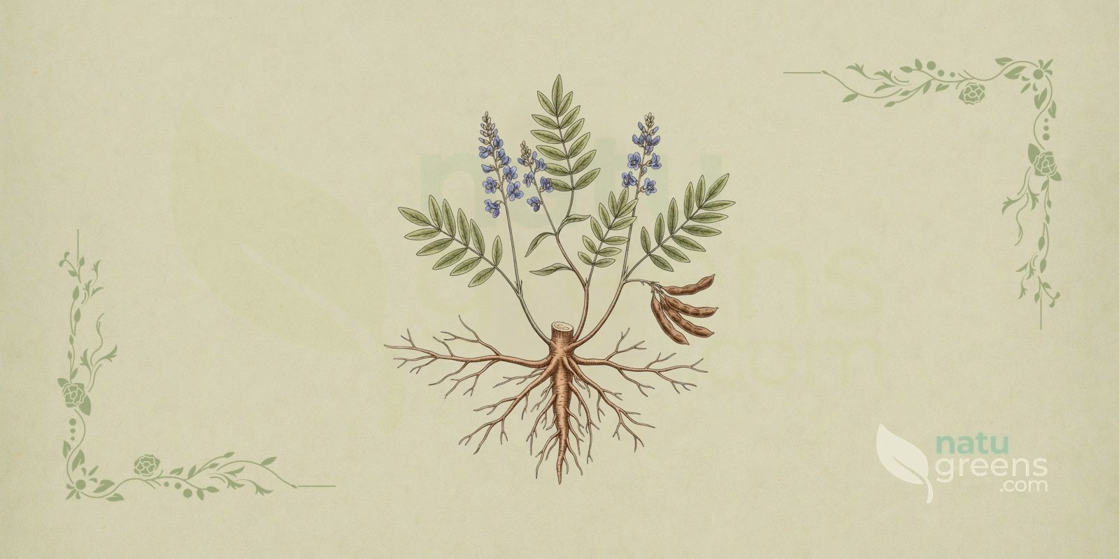 Glycyrrhiza glabra (Lakris): botanisk illustrasjon som viser fibrøs rot, fjærformede blader og sommerfuglformede blomster på planten som brukes som lakris.