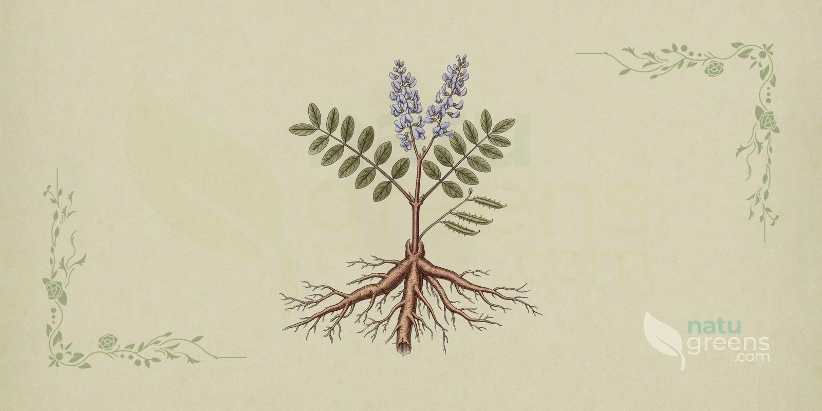 Chinese Licorice (Glycyrrhiza uralensis): botanical illustration showing the sliced fibrous root, yellowish to light brown, and the compound leaves typical of this perennial herbaceous plant, highlighting chinese licorice in detail.