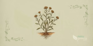 Gnafa-Cinzenta (Gnaphalium uliginosum): ilustração botânica detalhada mostrando o caule lanoso, as folhas estreitas acinzentadas e os capítulos florais amarelados típicos da gnafa-cinzenta.