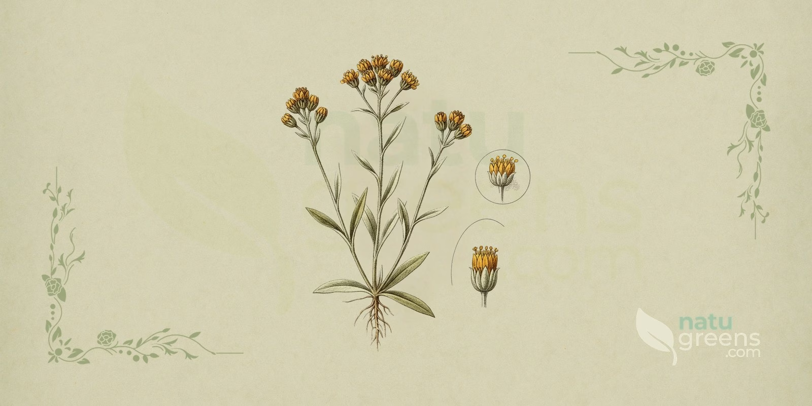 Marsh Cudweed (Gnaphalium uliginosum): detailed botanical illustration showing the woolly stem, narrow grayish leaves, and yellowish flower heads typical of marsh cudweed.