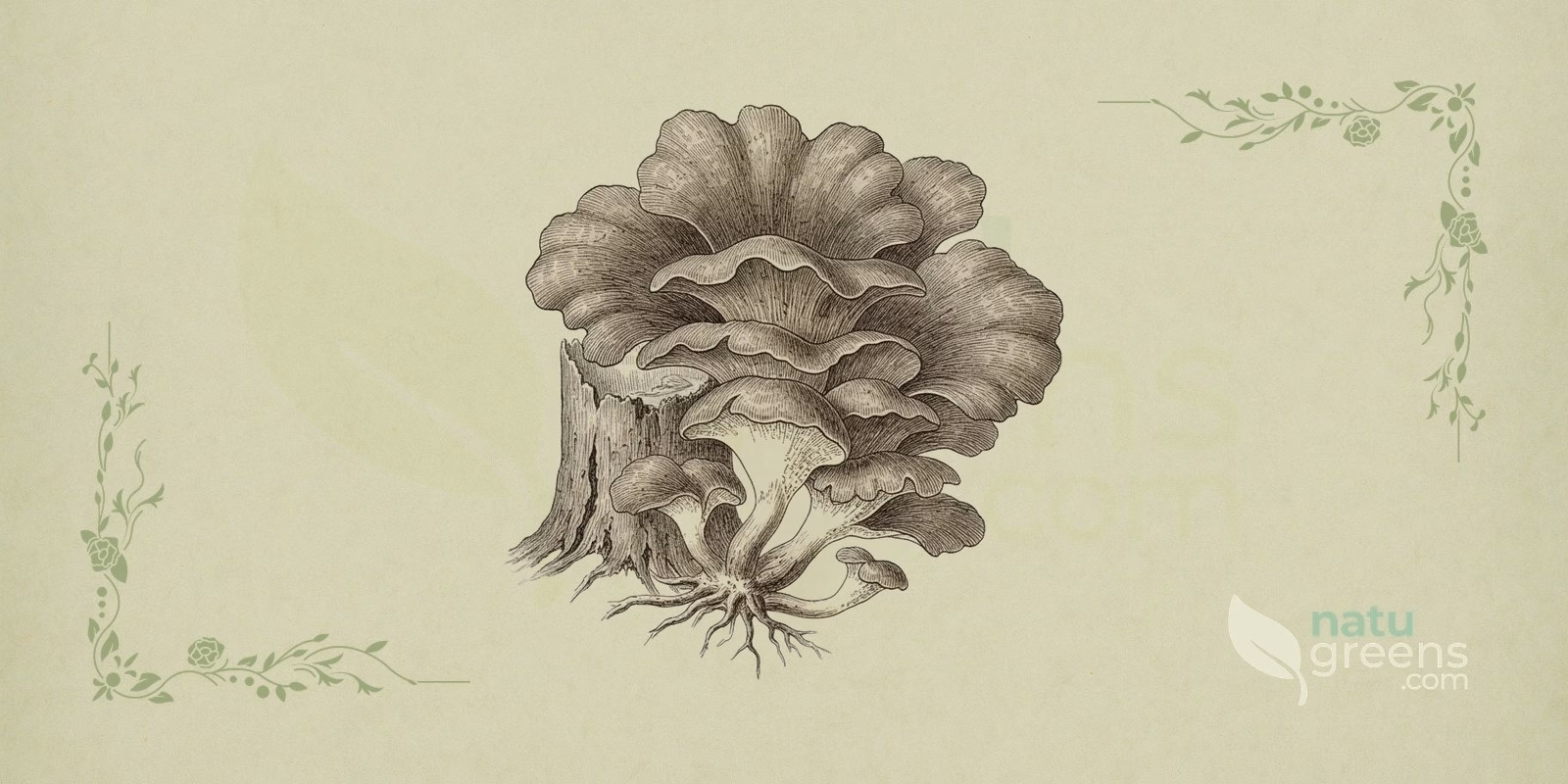 Maitake (Grifola frondosa) in a naturalistic illustration, showing the cluster of fan-shaped caps in gray to brown tones, overlapping in a dense, cabbage-like rosette typical of the maitake mushroom.