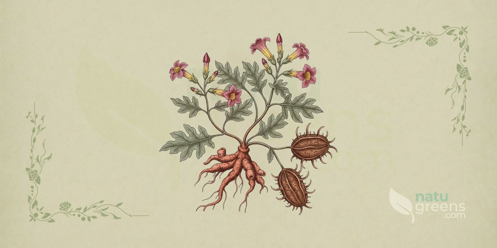 Devil's Claw (Harpagophytum procumbens): woody fruit with characteristic hooks and lobed leaves of devil's claw, a low-growing plant of the Kalahari Desert.