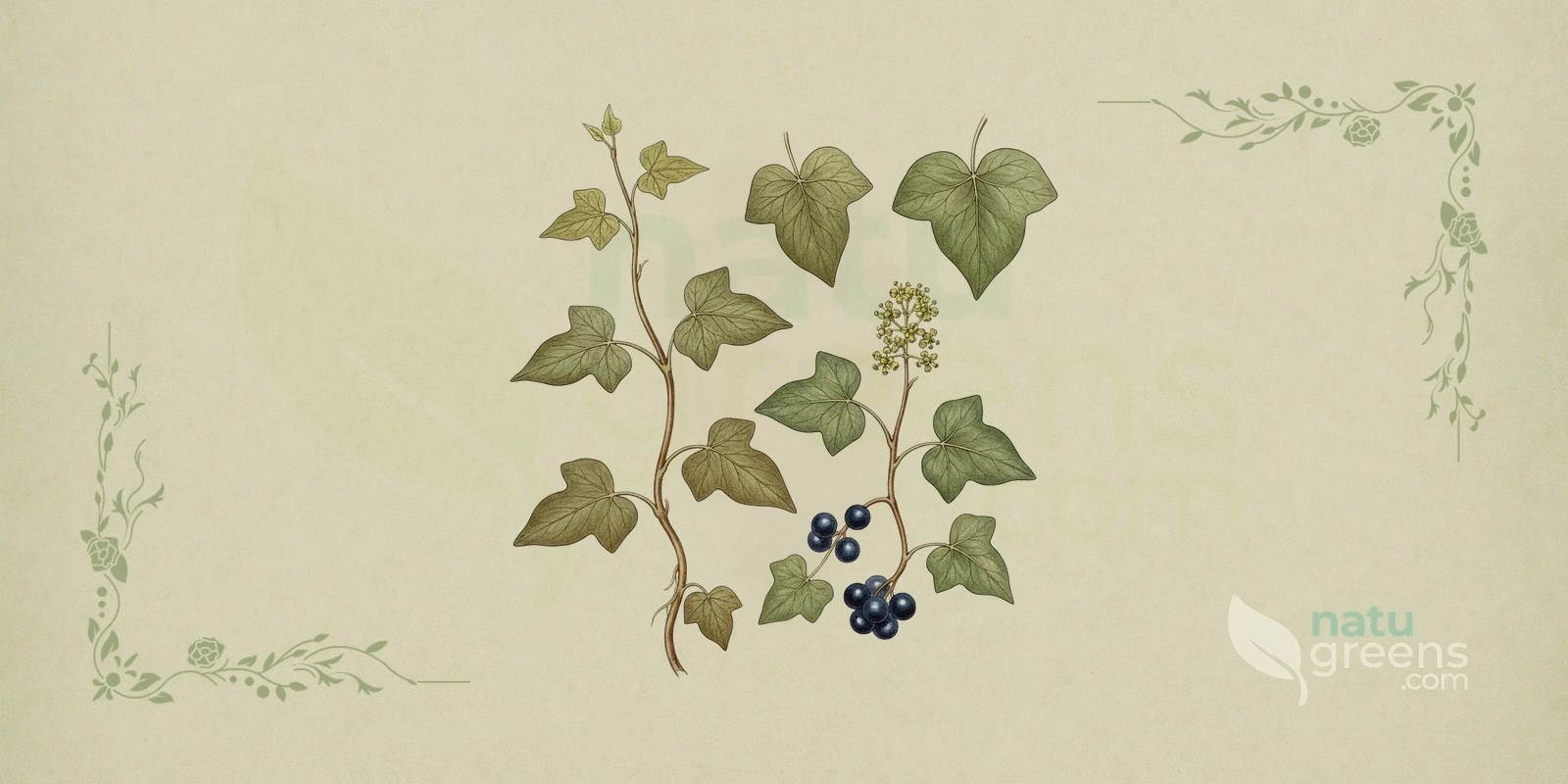 Common Ivy (Hedera helix): botanical illustration of the dark green lobed leaves and woody climbing stem, the plant used as medicinal ivy.