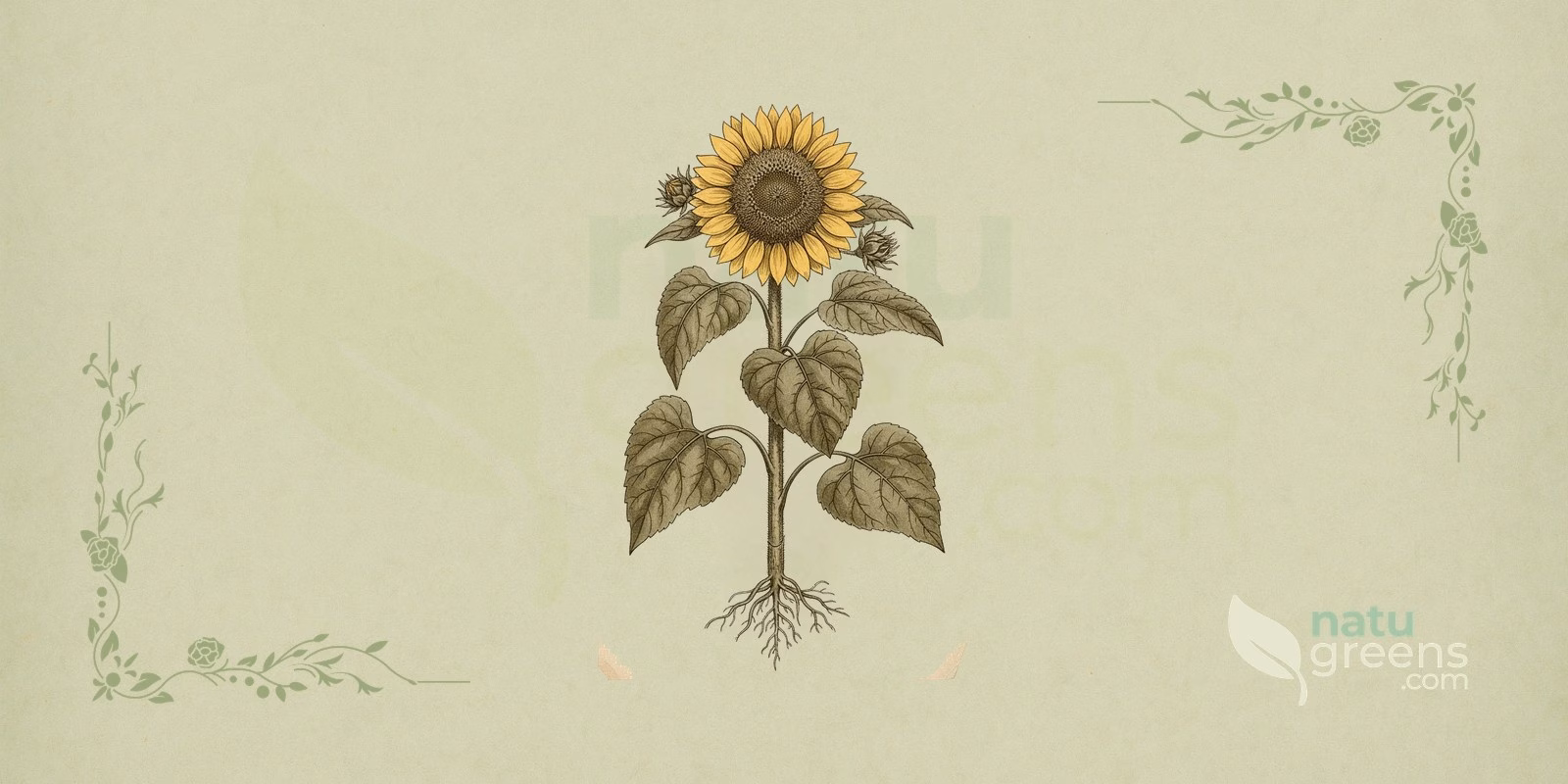 Solsikke (Helianthus annuus) i botanisk illustration med kurven af gule randblomster omkring den centrale skive af rørblomster, brede savtakkede blade og solsikkens oprette stængel.