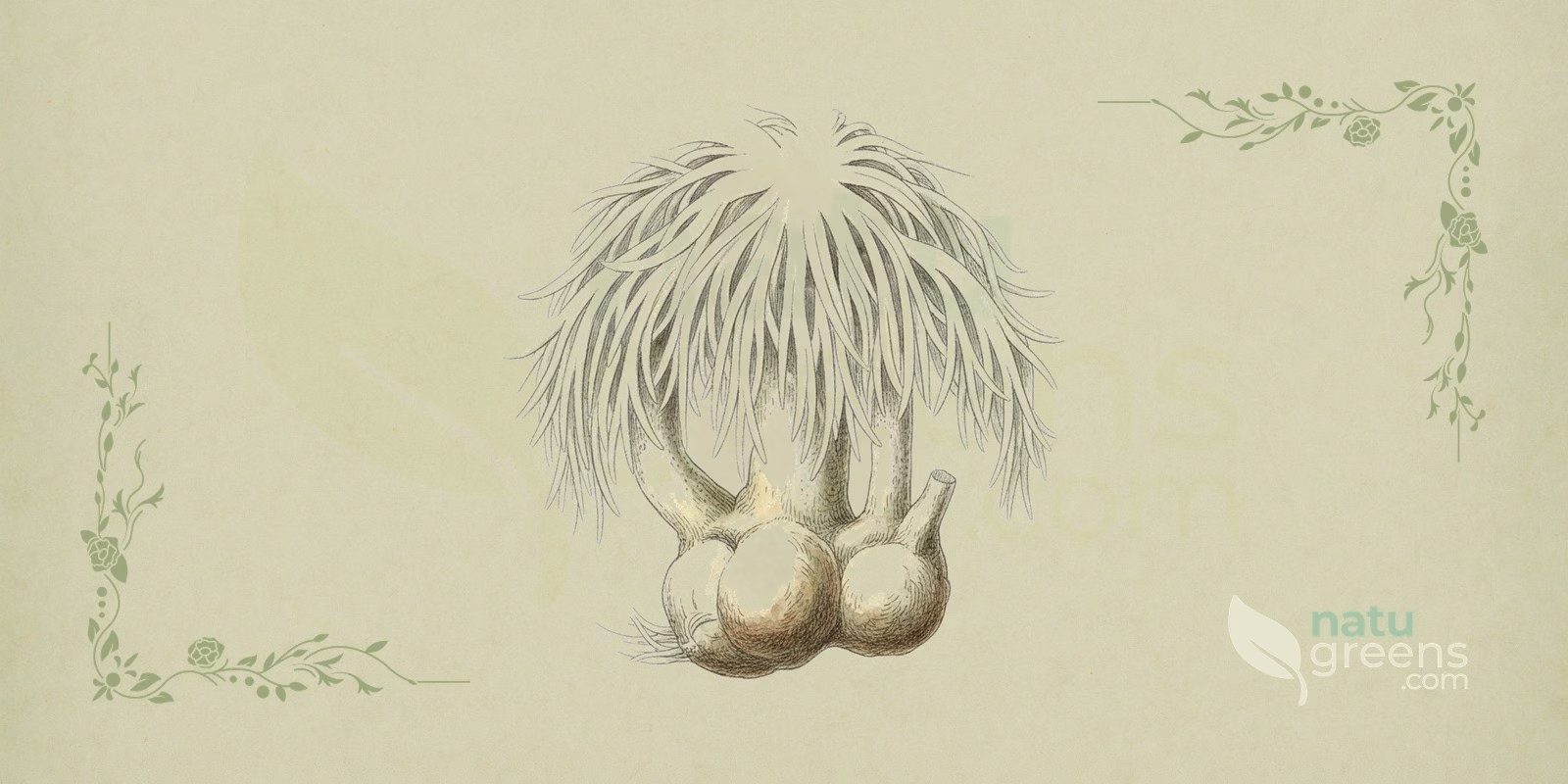 Lion's Mane (Hericium erinaceus): botanical illustration of the white mushroom with long, hanging spines forming a cascade, typical of the Hericium genus.