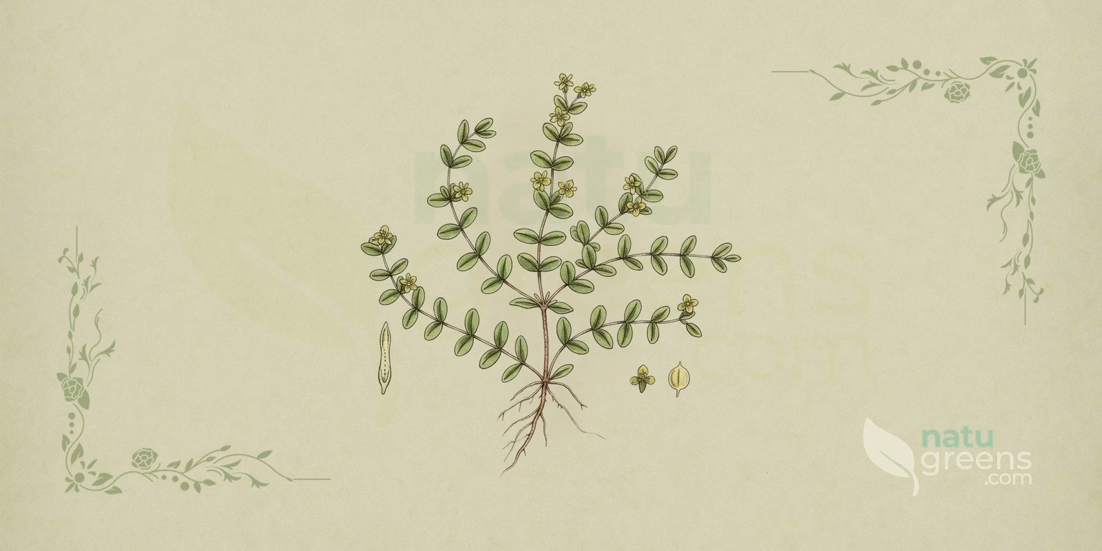 Rupturewort (Herniaria glabra) in a botanical illustration with creeping, branched stems, small smooth leaves and clusters of green flowers; rupturewort forms low mats on the ground.