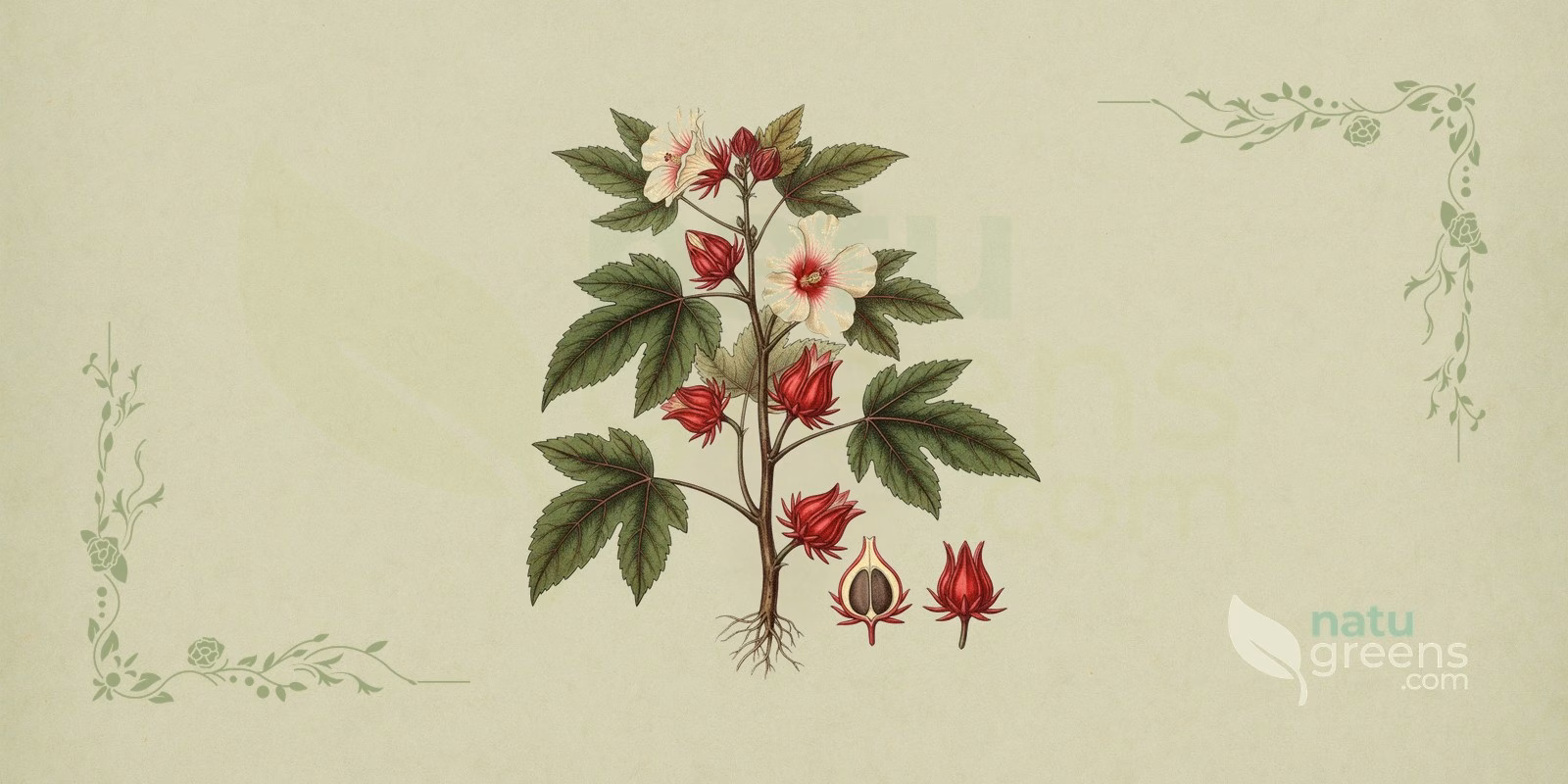 Hibiscus (Hibiscus sabdariffa) i botanisk illustration med en gren med lappede blade, en lysegul blomst med mørk midte og kødfulde røde bægre, typisk for hibiscus i katostfamilien (Malvaceae).