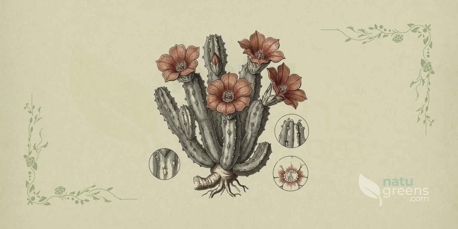 Hoodia (Hoodia gordonii) in a botanical illustration, showing the succulent, spiny stems with a cactus-like appearance that are characteristic of hoodia, a succulent of the Apocynaceae family.