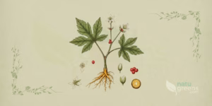 Goldenseal (Hydrastis canadensis): ilustração botânica do rizoma amarelo-dourado, das folhas palmadas e da flor branca da planta conhecida como goldenseal.