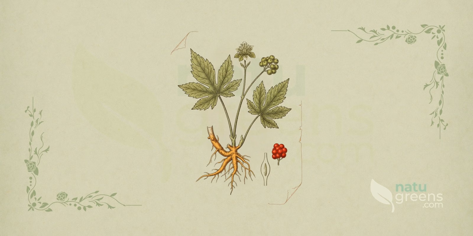 Goldenseal (Hydrastis canadensis): botanisk illustrasjon av den gyllengule jordstengelen, de palmelappede bladene og den hvite blomsten til planten kjent som goldenseal.